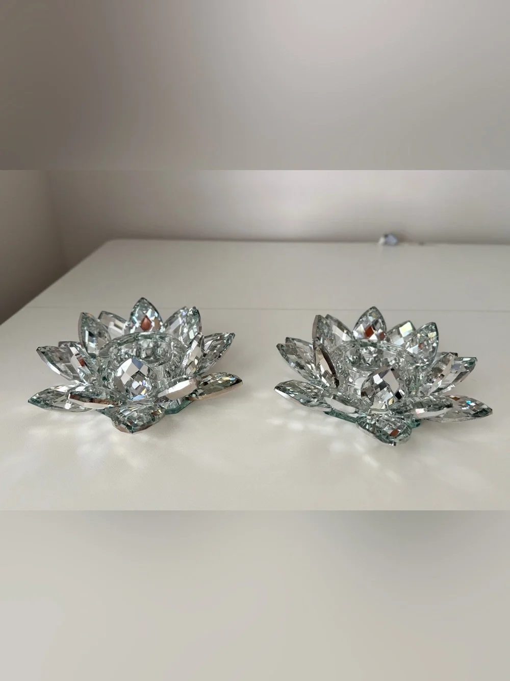 Lot of 2 Crystal Lotus Flower Tealight Candle Holder Glass Lotus Figurine Decor